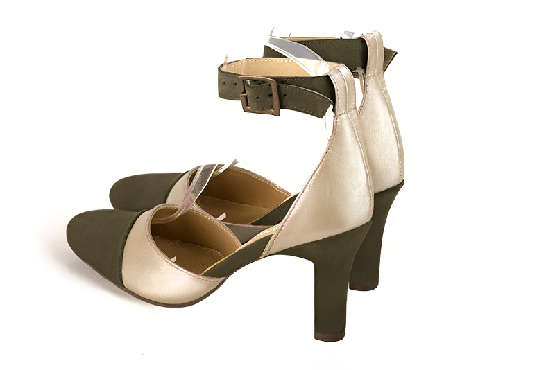 Khaki green and gold women's open side shoes, with a strap around the ankle. Round toe. High kitten heels. Rear view - Florence KOOIJMAN